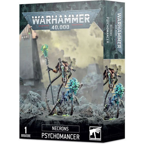 The Warhammer 40k: Necrons - Psychomancer box features detailed art of a mechanical alien with a glowing green staff and blue skulls.