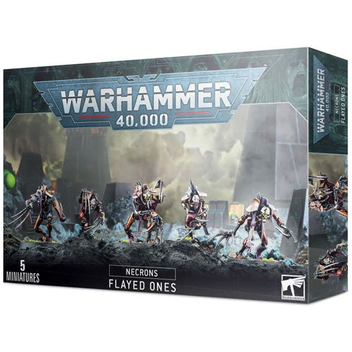 Warhammer 40k: Necrons - Flayed Ones box with 5 painted miniatures in a dark sci-fi setting for Warhammer collectors and gamers.