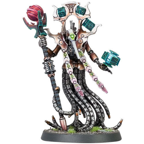 The Warhammer 40k: Necrons - Chronomancer miniature has robotic tentacle legs, ornate armor, a red staff, and a grassy base.