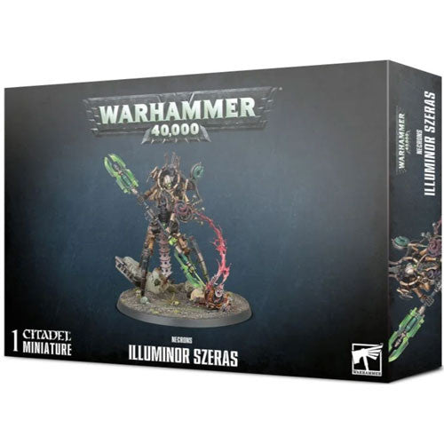 Warhammer 40k: Necrons - Illuminor Szeras box includes a detailed miniature of the robotic figure, featuring mechanical limbs and glowing green and red accents.