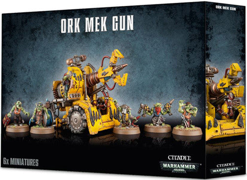 Warhammer 40k: Ork - Mek Gun by Citadel shows a painted yellow Ork vehicle, five Orks, and a box with "ORK MEK GUN" text.