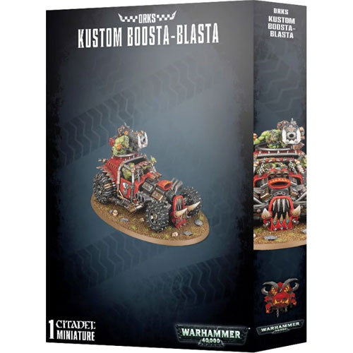 The Warhammer 40k: Orks - Kustom Boosta-Blasta box includes a model kit and figures with packaging showing red-armored miniatures.