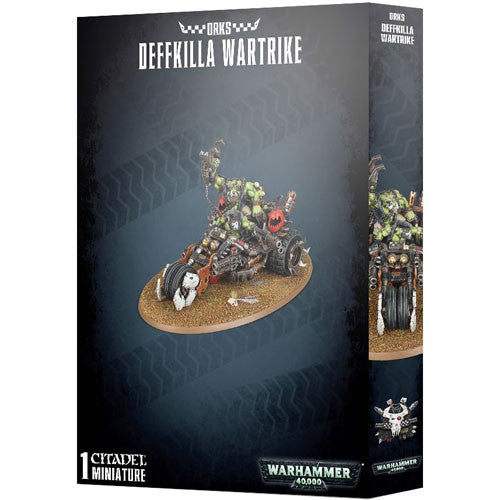 A Warhammer 40k: Orks - Deffkilla Wartrike box featuring a detailed model of an Ork on a heavily armored, weaponized trike with unique Ork-themed decorations.
