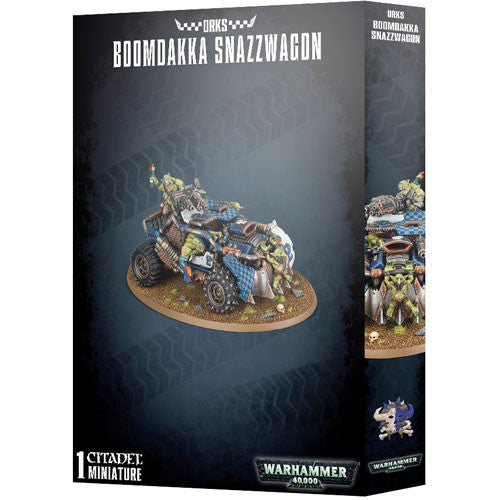 Box for Warhammer 40k: Orks - Boomdakka Snazzwagon miniature, showing a detailed ork vehicle with riders in action—part of the Games Workshop Orks Warhammer 40,000 miniatures range.