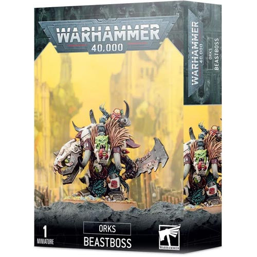 The Warhammer 40k: Orks - Beastboss box by Games Workshop showcases the painted Beastboss with a large axe set against a vivid yellow, post-apocalyptic background.