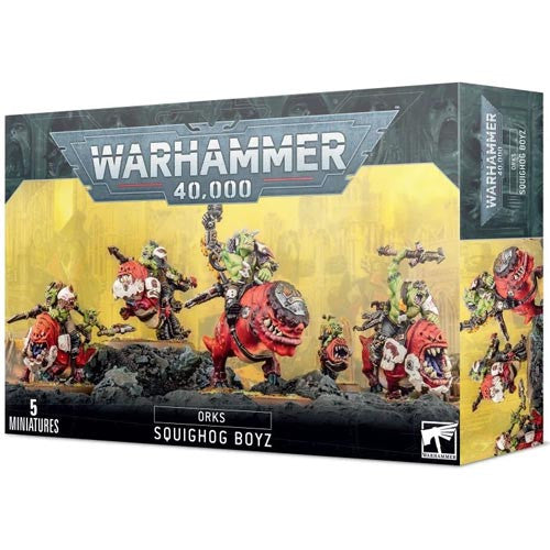 Box of Warhammer 40k: Orks - Squighog Boyz by Games Workshop, with five painted Ork miniatures on red squigs, rocky terrain, logo.