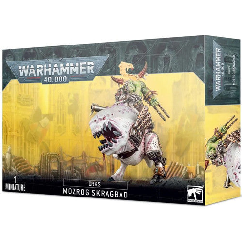 The Warhammer 40k: Orks - Mozrog Skragbad box shows a Beastboss on Squigosaur atop a white beast, with a yellow industrial background.