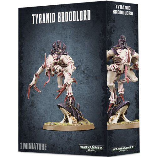 The Warhammer 40k: Tyranid Broodlord box features a pale miniature with purple accents on a scenic base, shown on both the front and side of the packaging.