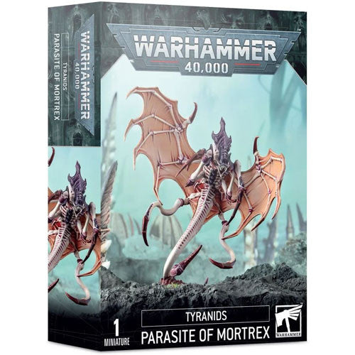 Box for Warhammer 40k: Tyranids - Parasite of Mortrex by Games Workshop, showing a winged alien with claws and fangs in a sci-fi, icy landscape.