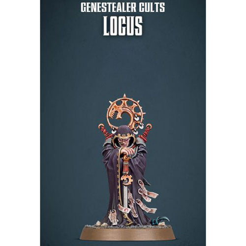 The Warhammer 40k: Genestealer Cults - Locus miniature features the Locus in ornate dark robes with scrolls, holding a staff topped with a spiked gear symbol, standing on a round base.