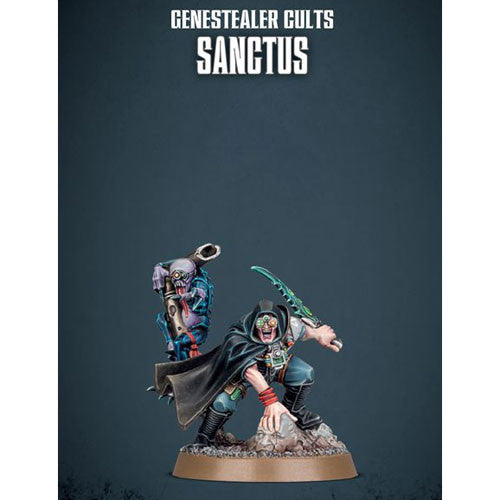 A painted Warhammer 40k: Genestealer Cults - Sanctus miniature in a dark cloak holding a curved weapon, posed on a textured base with a sci-fi background and the product name above.