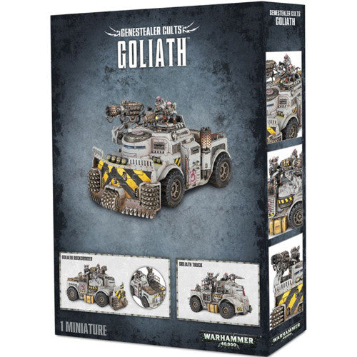 Box for Warhammer 40k: Genestealer Cults Goliath Truck/Rockgrinder, showing an armored vehicle with weapons and crew, plus two build options.