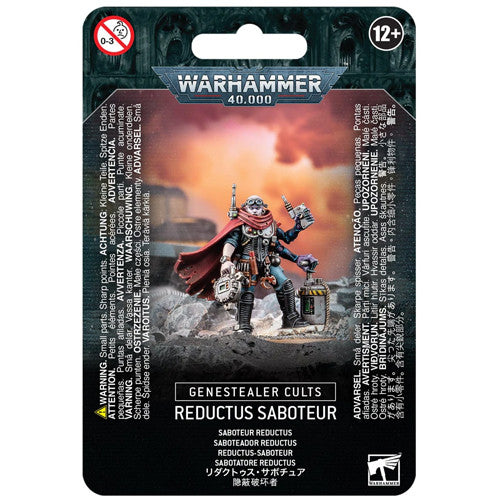 A packaged Warhammer 40k: Genestealer Cults - Reductus Saboteur miniature with the painted figure, warnings, and instructions.