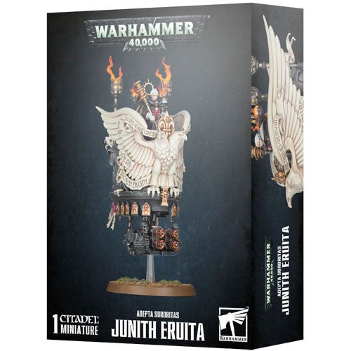 Box for Warhammer 40k: Adepta Sororitas - Junith Eruita, showing an unpainted gothic-style miniature with a large winged structure and Warhammer branding on the packaging.