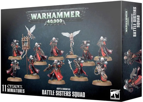 Warhammer 40k: Adepta Sororitas - Battle Sisters Squad box by Games Workshop shows 11 painted figures, branding, and details.