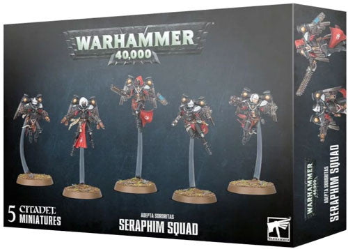 Warhammer 40k: Adepta Sororitas – Seraphim Squad box by Games Workshop featuring five armored, flying female warriors with guns.