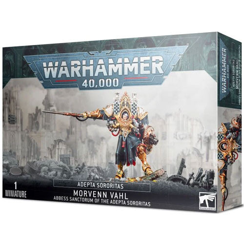 Box art for Warhammer 40k: Adepta Sororitas - Morvenn Vahl shows her ornate miniature with spear and shield amid ruins.