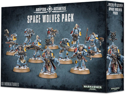 Box of Warhammer 40k: Space Wolves Pack (Grey Hunters/Blood Claws/Wolf Guard) by Games Workshop featuring ten detailed, armored plastic miniatures in dynamic action poses on the cover, with clear branding and product name displayed. Citadel bases included.