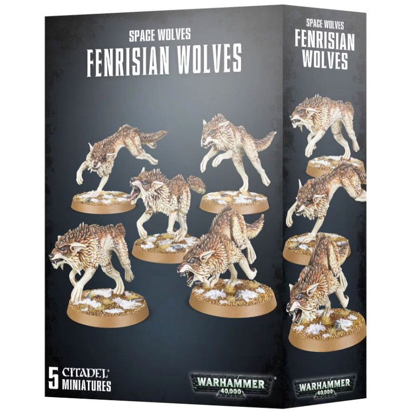 A box of Warhammer 40k: Space Wolves - Fenrisian Wolves plastic miniatures, featuring five detailed wolves on snowy bases with official product branding and packaging.