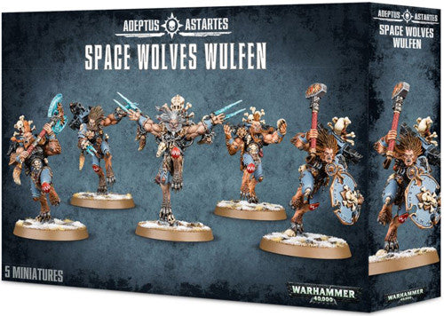 Box art for Warhammer 40k: Space Wolves Wulfen, featuring five intricately detailed, wolf-like warriors equipped with weapons and armor on bases, displayed against a blue textured background.
