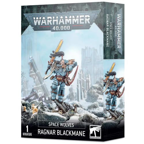 Warhammer 40k: Space Wolves - Ragnar Blackmane by Games Workshop features Ragnar in power armor with a chainsword, set against a snowy, ruined landscape.