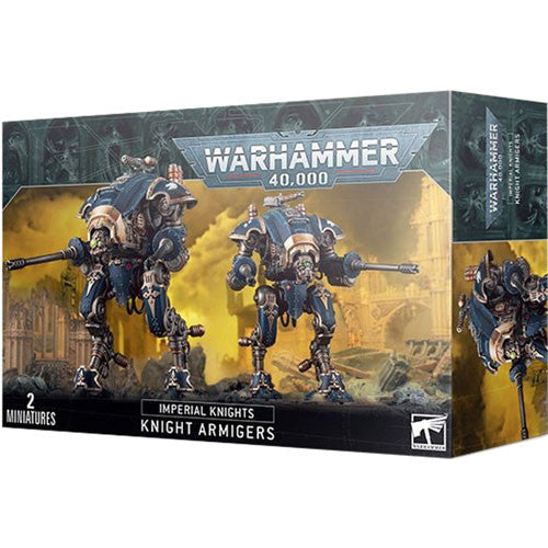 Warhammer 40k: Imperial Knights – Armigers box set showcasing two intricately detailed miniature robots on the cover, posed in a ruined yellow landscape. The label from Games Workshop indicates the inclusion of two miniatures.