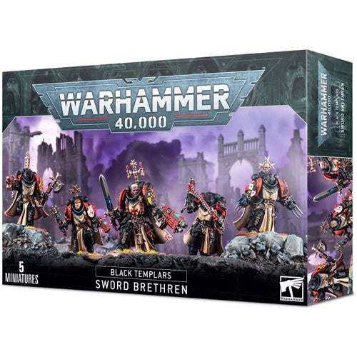Box of Warhammer 40k: Black Templars - Sword Brethren miniatures by Games Workshop, featuring five intricately detailed armored figures with weapons, displayed against a ruined gothic setting.