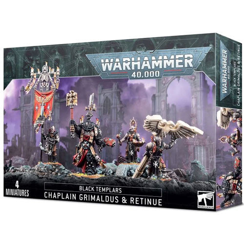 The Warhammer 40k: Black Templars - Grimaldus & Retinue set includes four detailed miniatures in a gothic cathedral setting.