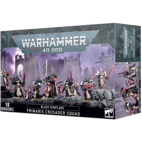 Box of Warhammer 40k: Black Templars - Primaris Crusader Squad miniatures from Games Workshop, featuring 10 painted figures—including Primaris Initiates—displayed against a backdrop of a ruined gothic city.