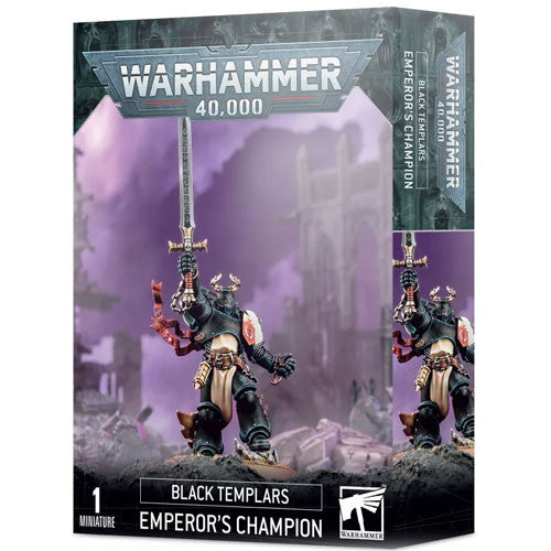 Warhammer 40k: Black Templars - Emperor's Champion by Games Workshop features an armored warrior with a large sword ready for battle, set against a ruined, purple-tinted backdrop.