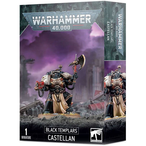 Box of Warhammer 40k: Black Templars - Castellan, featuring an armored figure with power axe and bolt pistol amid ruins. Includes one unassembled miniature.