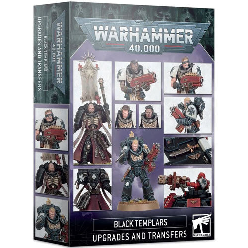 The Warhammer 40k: Black Templars - Upgrades & Transfers box shows detailed miniatures, shoulder pads, upgrades, and the logo.