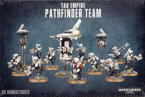 Box art for Warhammer 40k: Tau Empire Pathfinder Team displays plastic miniatures of armored Pathfinders, drones, and sci-fi gear, all dynamically posed against a dark background.