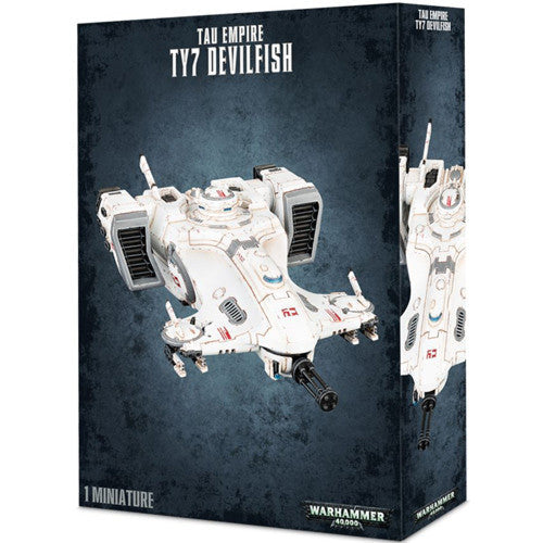 A box of Warhammer 40k: Tau Empire TY7 Devilfish with plastic miniatures and a white vehicle pictured on a dark blue background.
