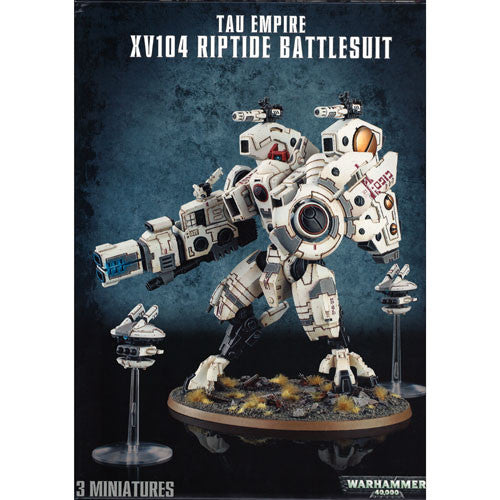 Box art for the Warhammer 40k: Tau Empire - XV104 Riptide Battlesuit plastic kit, showing a large white and grey battlesuit with two flying drones on clear stands.