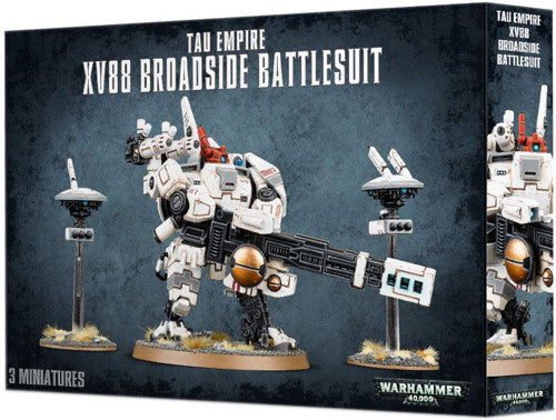 Box art for the Warhammer 40k: Tau Empire XV88 Broadside Battlesuit shows a white and gray mech with a large gun and two drones against a dark background.