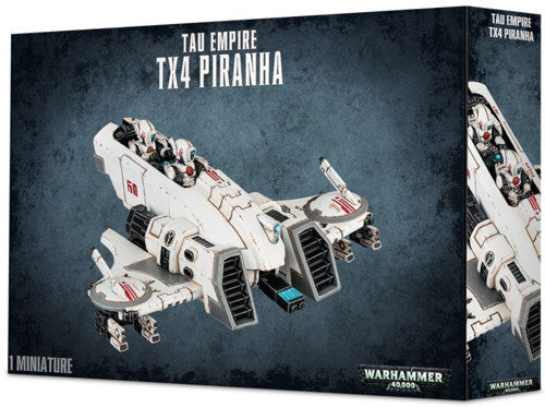 Box art for Warhammer 40k: Tau Empire TX4 Piranha shows a white sci-fi hovercraft with two pilots, blue accents, and red markings on a textured blue background.