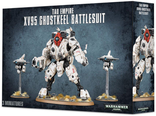 Box art for Warhammer 40k: Tau Empire XV95 Ghostkeel Battlesuit shows a large white mech with red and black accents and two drones; includes 3 miniatures on Citadel 105mm Oval bases by Games Workshop.