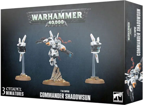 Warhammer 40k: Tau Empire - Commander Shadowsun box set from Games Workshop, containing unassembled Commander Shadowsun miniatures. The packaging displays three painted figures on Citadel bases, with “Commander ShadowSun” prominently highlighted in bold white lettering.