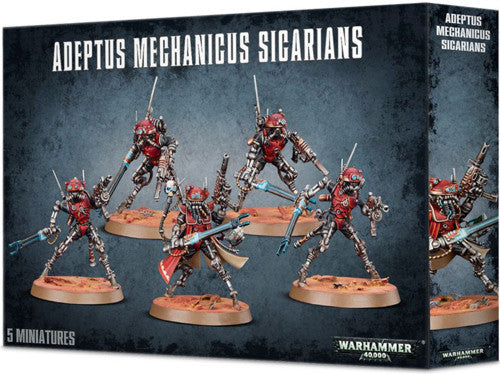 Box of Warhammer 40k: Adeptus Mechanicus Sicarians Infiltrators/Ruststalkers miniatures, containing five assembled figures in red armor with assorted weapons, displayed on a rocky base.