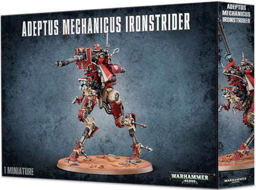 A box displaying a painted Warhammer 40k: Adeptus Mechanicus Ironstrider Ballistarius/Sydonian Dragoon miniature by Games Workshop, showcasing a red and metallic Sydonian Dragoon walker with weaponry on a sandy base set against a blue textured background.