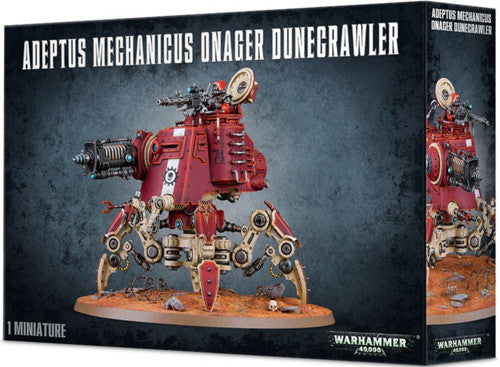 A box of Warhammer 40k: Adeptus Mechanicus Onager Dunecrawler—a red, spider-like machine with weapons on a desert base.