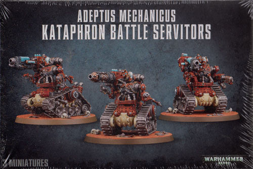 Box cover of Warhammer 40k: Adeptus Mechanicus Kataphron Battle Servitors showing three painted miniatures with tank treads, heavy weapons, and mechanical parts. Warhammer 40,000 and Games Workshop logos are visible.