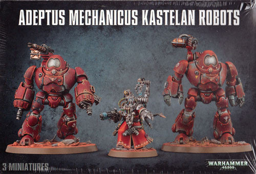 The box art for Warhammer 40k: Adeptus Mechanicus Kastelan Robots shows two red Kastelan Robots and a tech-priest on painted bases.