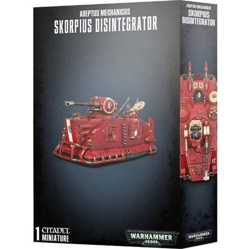 Warhammer 40k: Adeptus Mechanicus - Skorpius Disintegrator kit by Games Workshop includes a red sci-fi vehicle with weapon turrets and mechanical details, shown against a dark background.