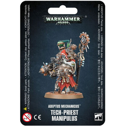 The Warhammer 40k: Adeptus Mechanicus - Tech-Priest Manipulus kit displays the painted miniature holding a staff and mechanical gear, shown with warnings and logos on a black background.