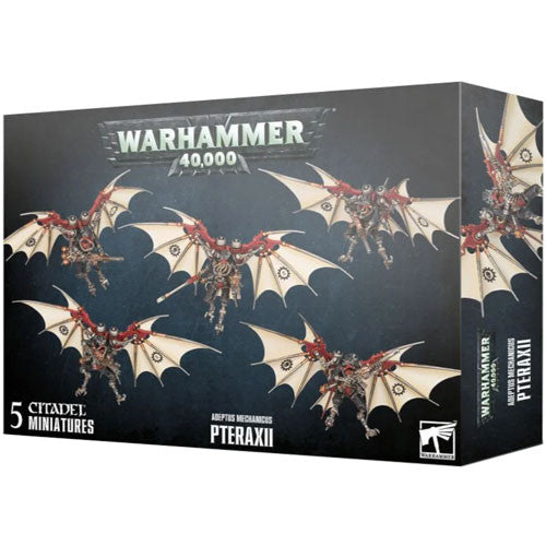 Box of Warhammer 40k: Adeptus Mechanicus - Pteraxii miniatures featuring five flying mechanical figures with wings, as depicted on the box art alongside product details.
