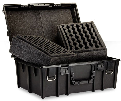 The Citadel Crusade Figure Case is a black hard plastic case with an open lid, showing removable egg crate foam inserts inside.