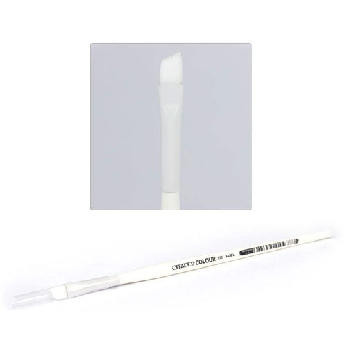 A Citadel STC Base Brush (Large), labeled CITADEL COLOUR, is shown horizontally with white angled bristles and a transparent cap.