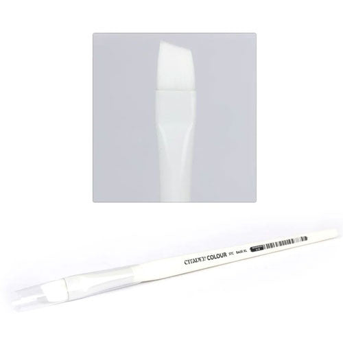 A white synthetic bristles paintbrush labeled Citadel STC Base Brush (XL) is shown, with a close-up inset of the slanted tip.